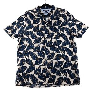 Tommy Hilfiger Shirt Mens Large Blue Leaf Print Linen Cotton Hawaiian Button Up